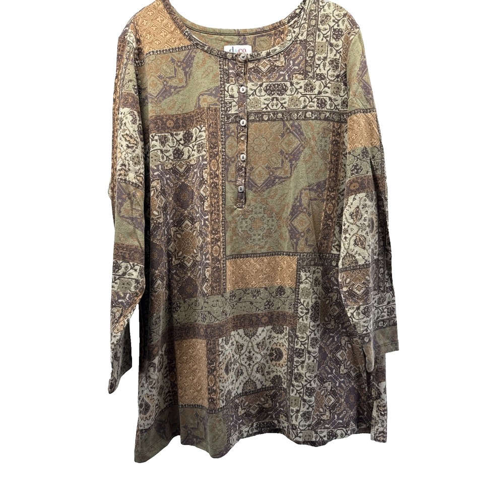 Denim & Co Womens Tunic Top Size 1X Plus Brown Green Patchwork Button Pullover
